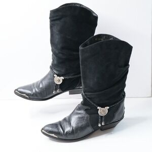VTG Zodiac Black Leather Suede Slouch Boots Silver Tone Womens 9 M Cowgirl Moto